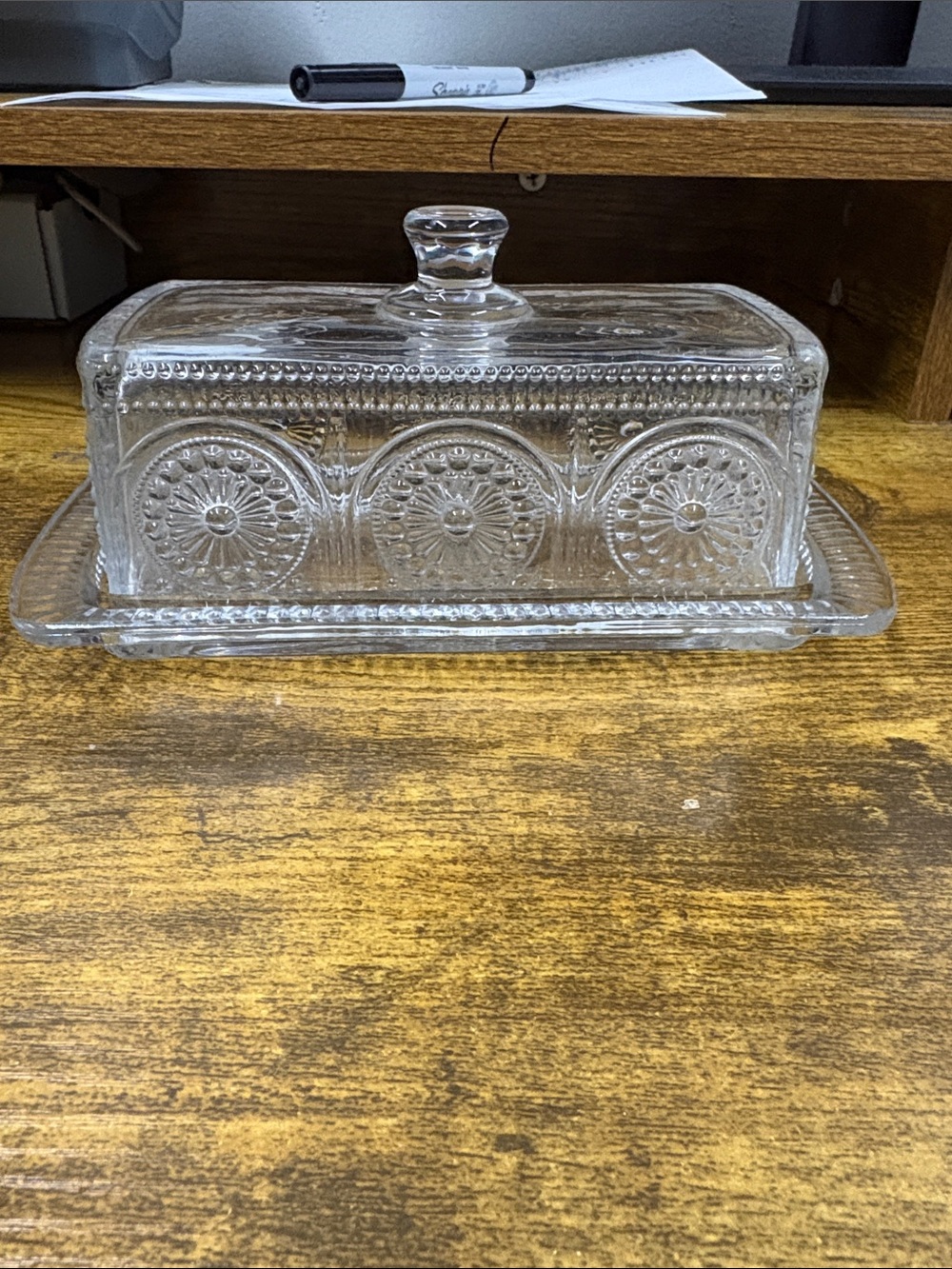 Pioneer woman Clear Glass Covered Butter Dish with Decorative Medallion Design